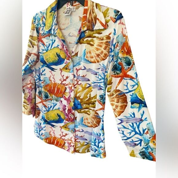 Parsley & Sage Sz S Tropical Underwater Fish Print Artistic Collar Button Shirt - Picture 3 of 5